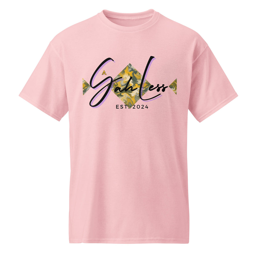 Pink DryBlend® Graphic Performance Tee with SahLess EST. 2024 logo and moisture-wicking cotton-poly blend design