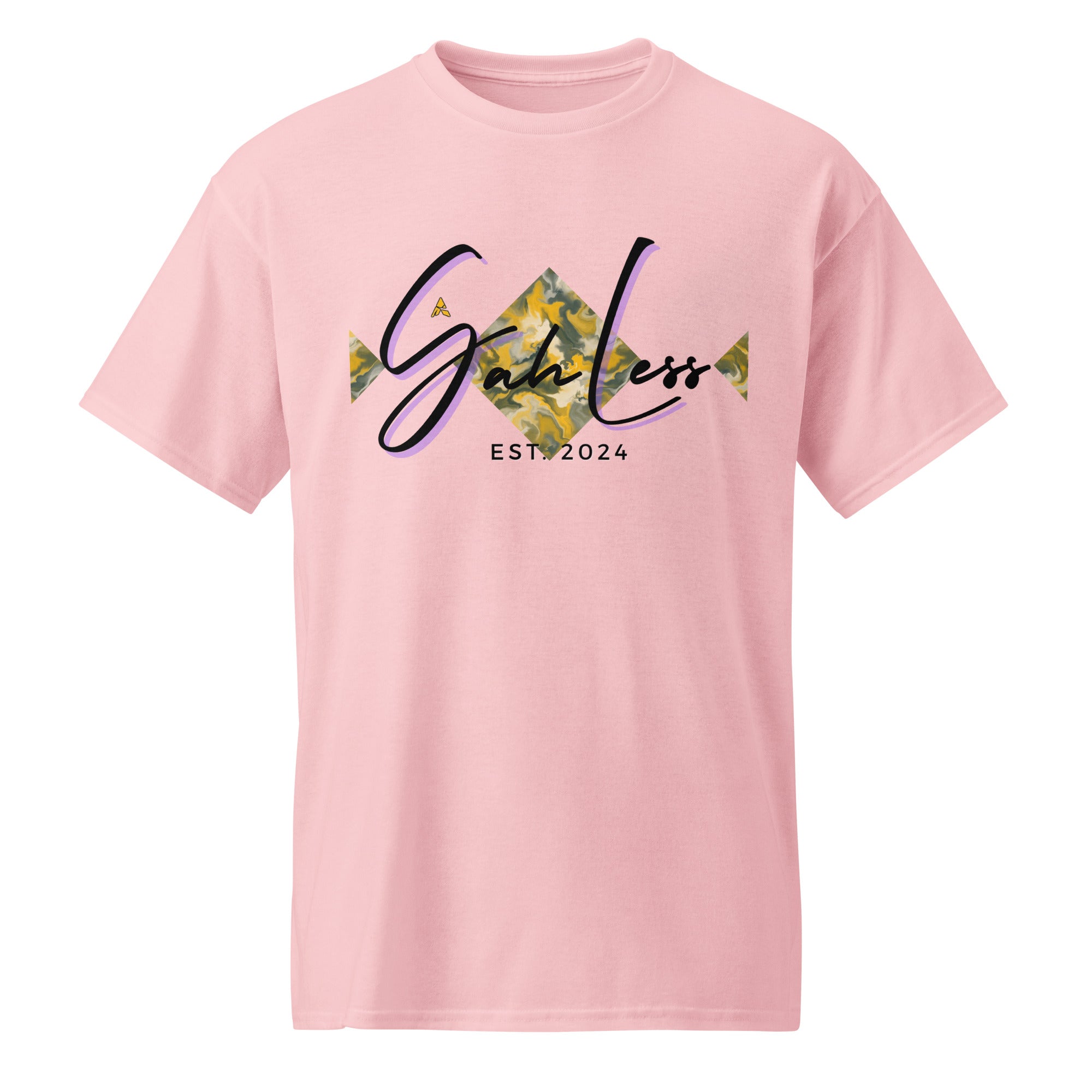 Pink DryBlend® Graphic Performance Tee with SahLess EST. 2024 logo and moisture-wicking cotton-poly blend design