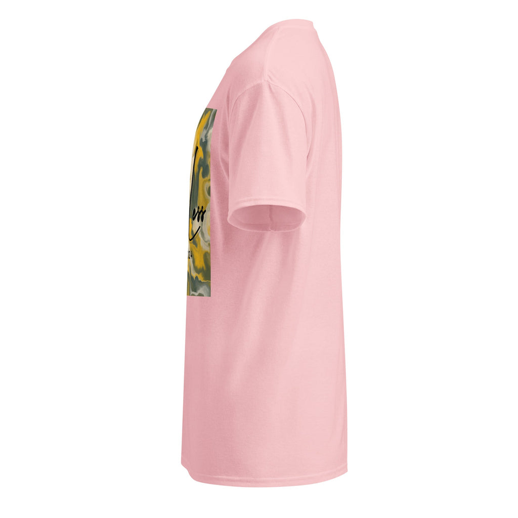 Side view of pink SahLess DryBlend® Performance Tee with graphic print on front