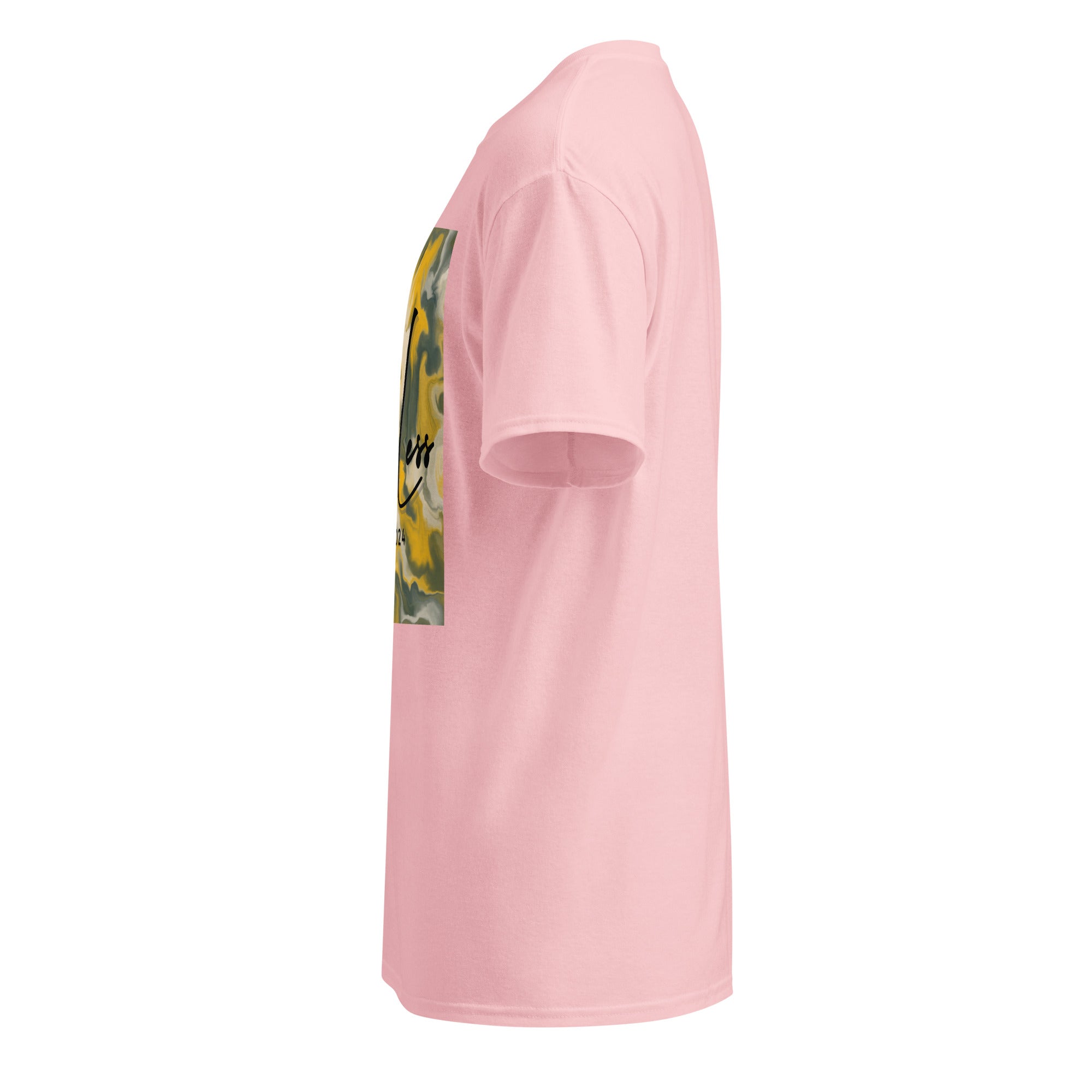 Side view of pink SahLess DryBlend® Performance Tee with graphic print on front