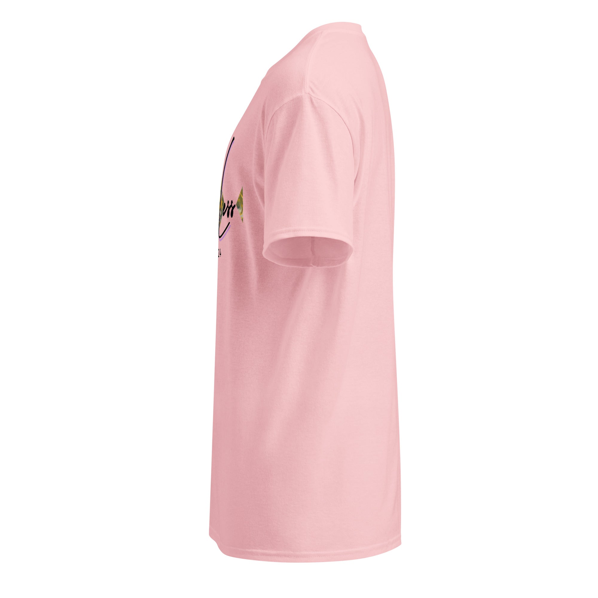 Side view of pink DryBlend® Graphic Performance Tee with short sleeves and round neck