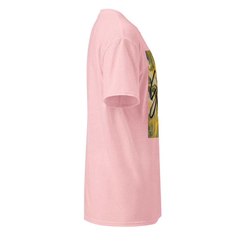 Side view of pink SahLess DryBlend® Performance Tee with graphic print and classic fit