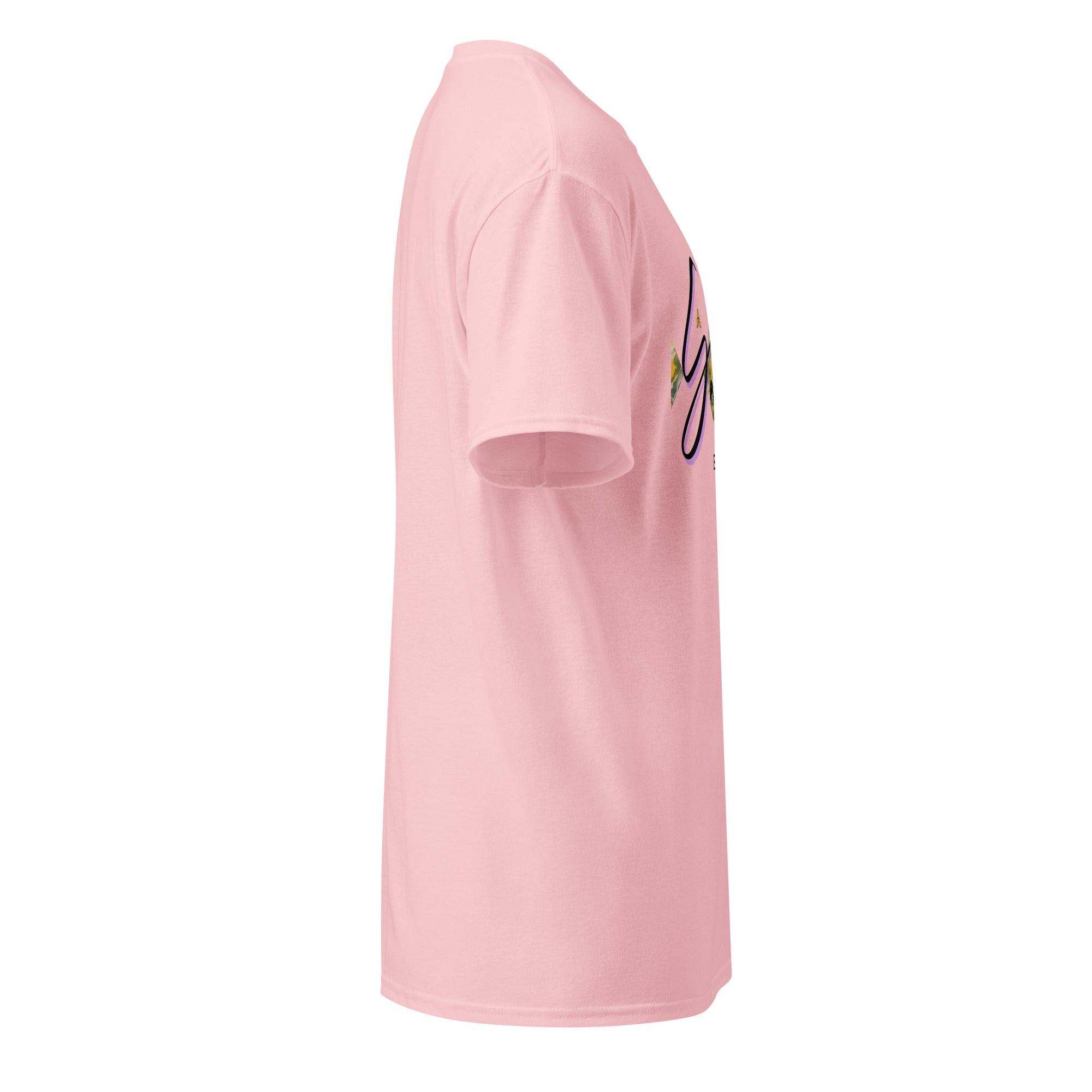 Side view of pink DryBlend® Graphic Performance Tee with short sleeves and SahLess graphic design