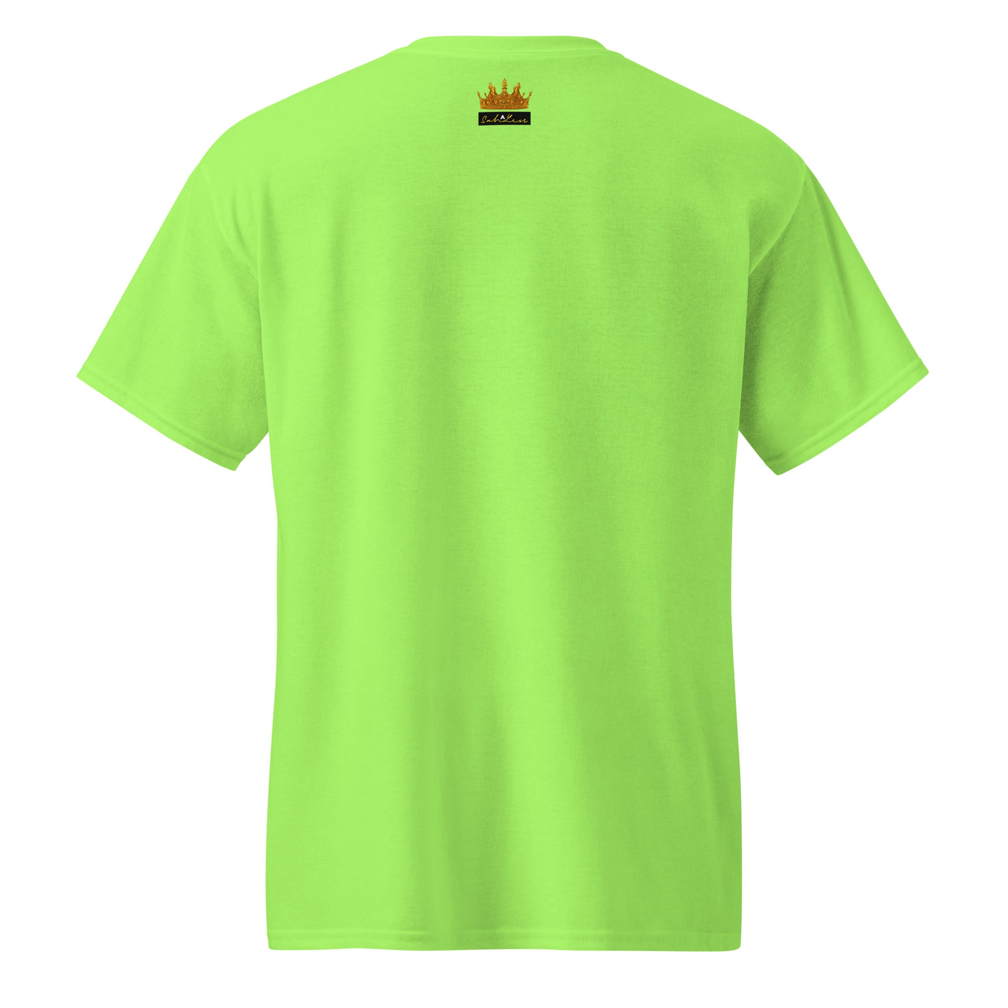 Back view of neon green SahLess DryBlend® Performance Tee with small SahLess Emporium EST. 2024 logo near neckline