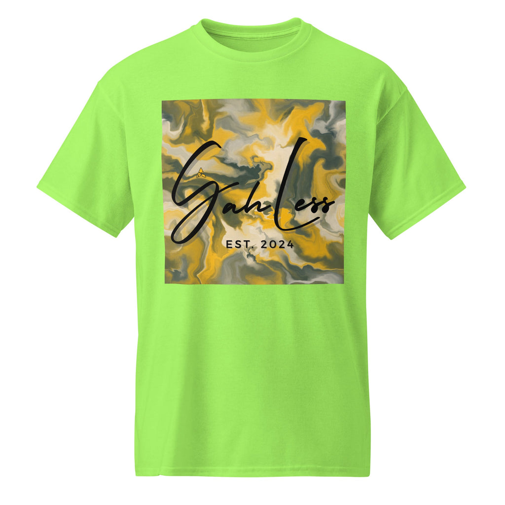 SahLess DryBlend® Performance Tee in lime green with abstract graphic and logo, moisture-wicking cotton-poly blend unisex t-shirt