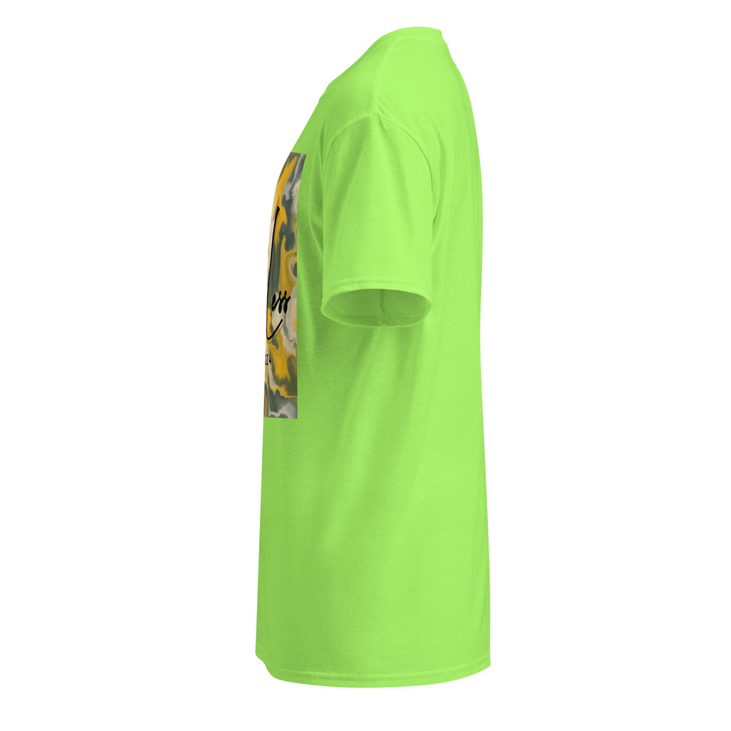 Side view of neon green SahLess DryBlend® Performance Tee with graphic print and modern classic fit