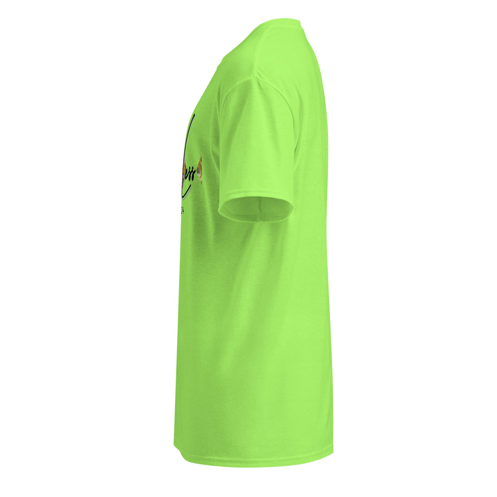 Side view of neon green DryBlend® Graphic Performance Tee made of cotton-poly blend with short sleeves and classic fit.
