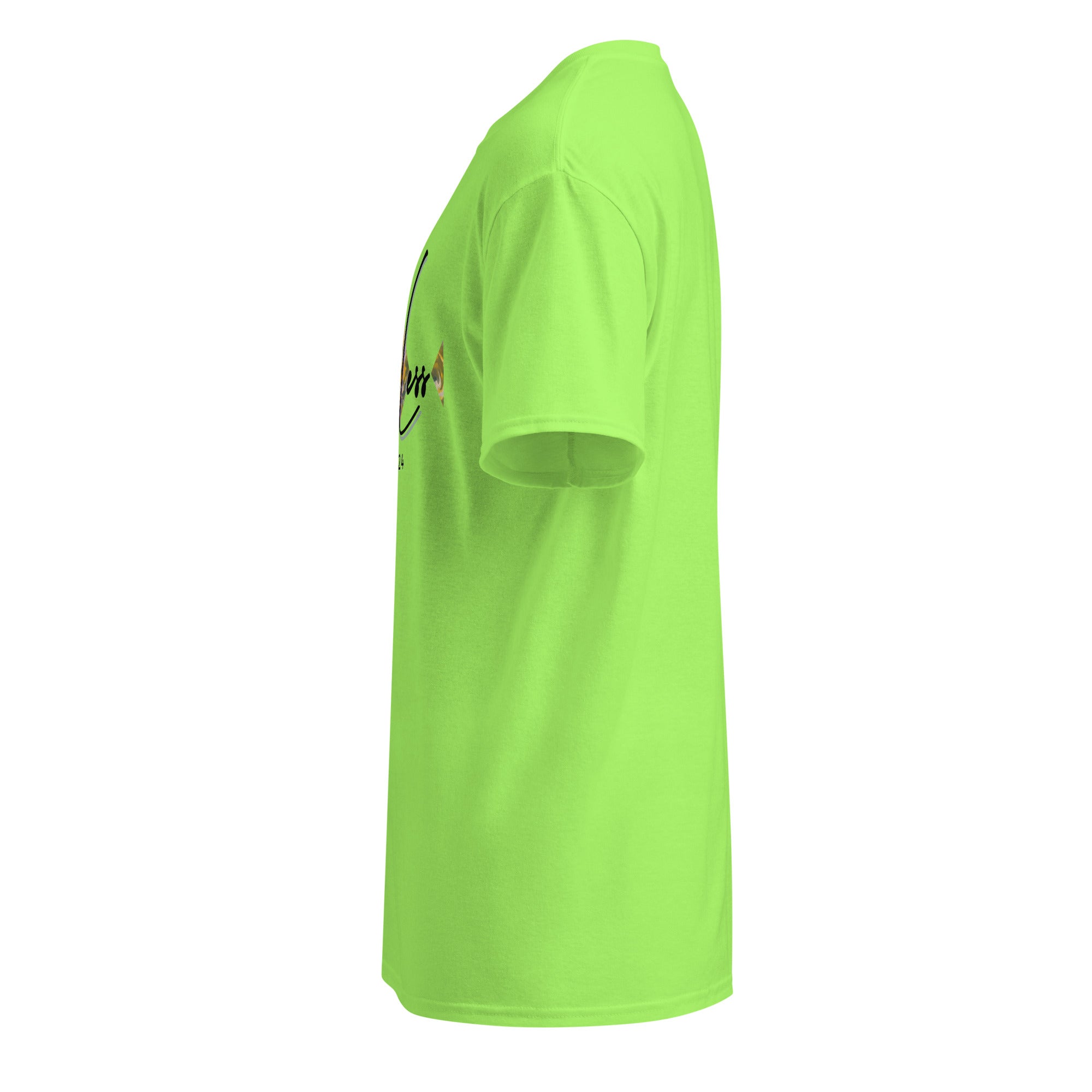Side view of neon green DryBlend® Graphic Performance Tee made of cotton-poly blend with short sleeves and classic fit.