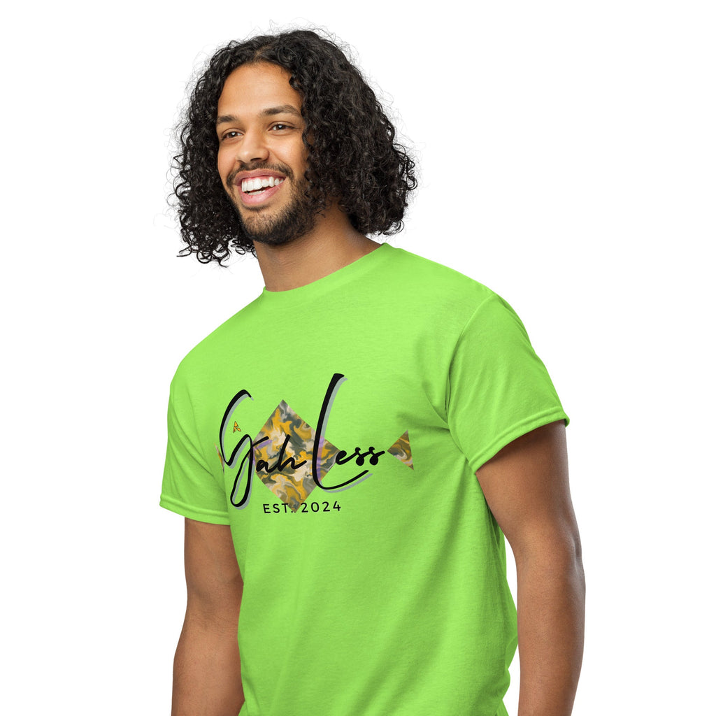 Man wearing bright green DryBlend® Graphic Performance Tee with SahLess EST. 2024 logo