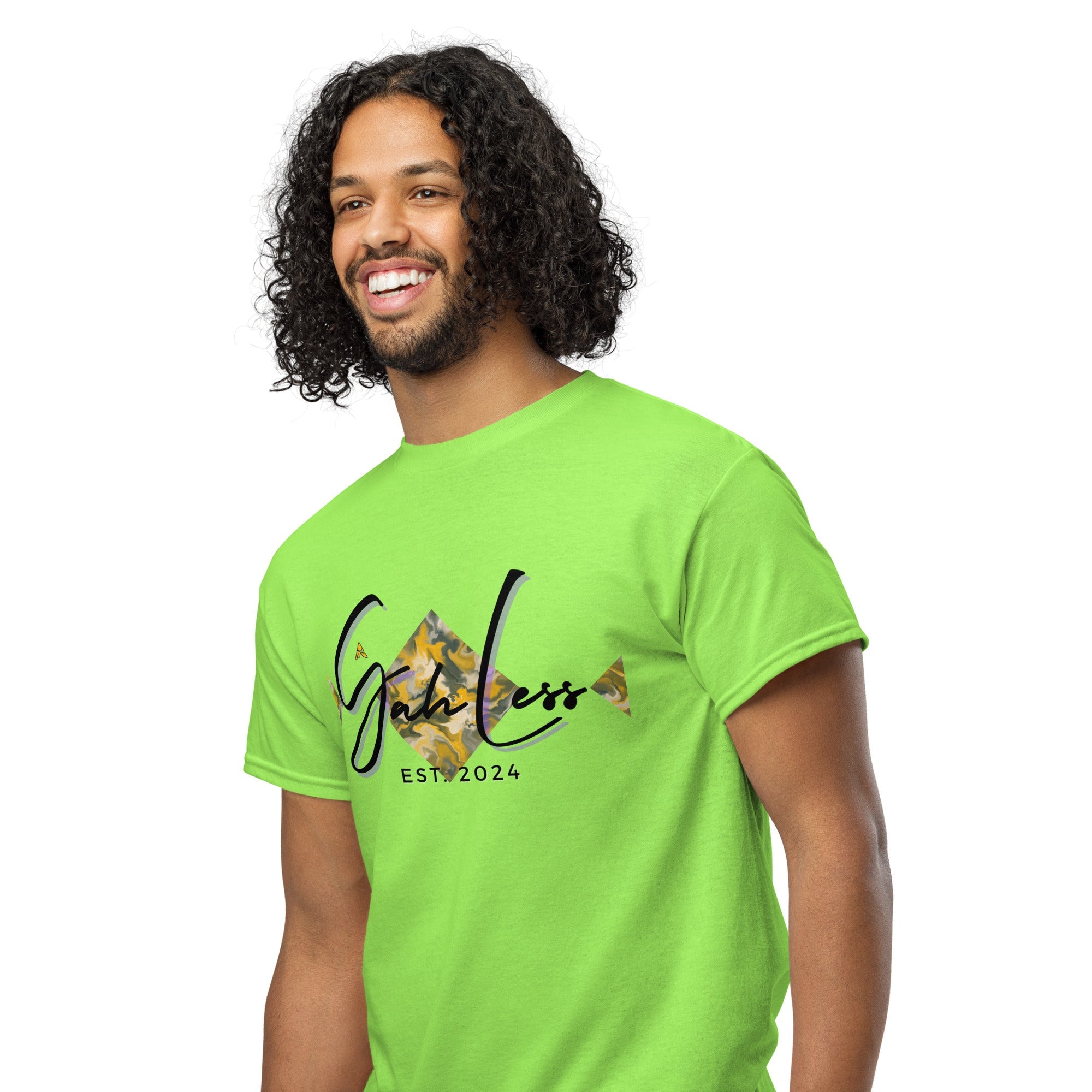 Man wearing bright green DryBlend® Graphic Performance Tee with SahLess EST. 2024 logo