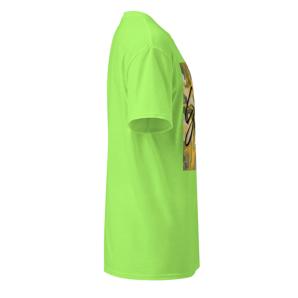 Side view of neon green SahLess DryBlend® Performance Tee with graphic print