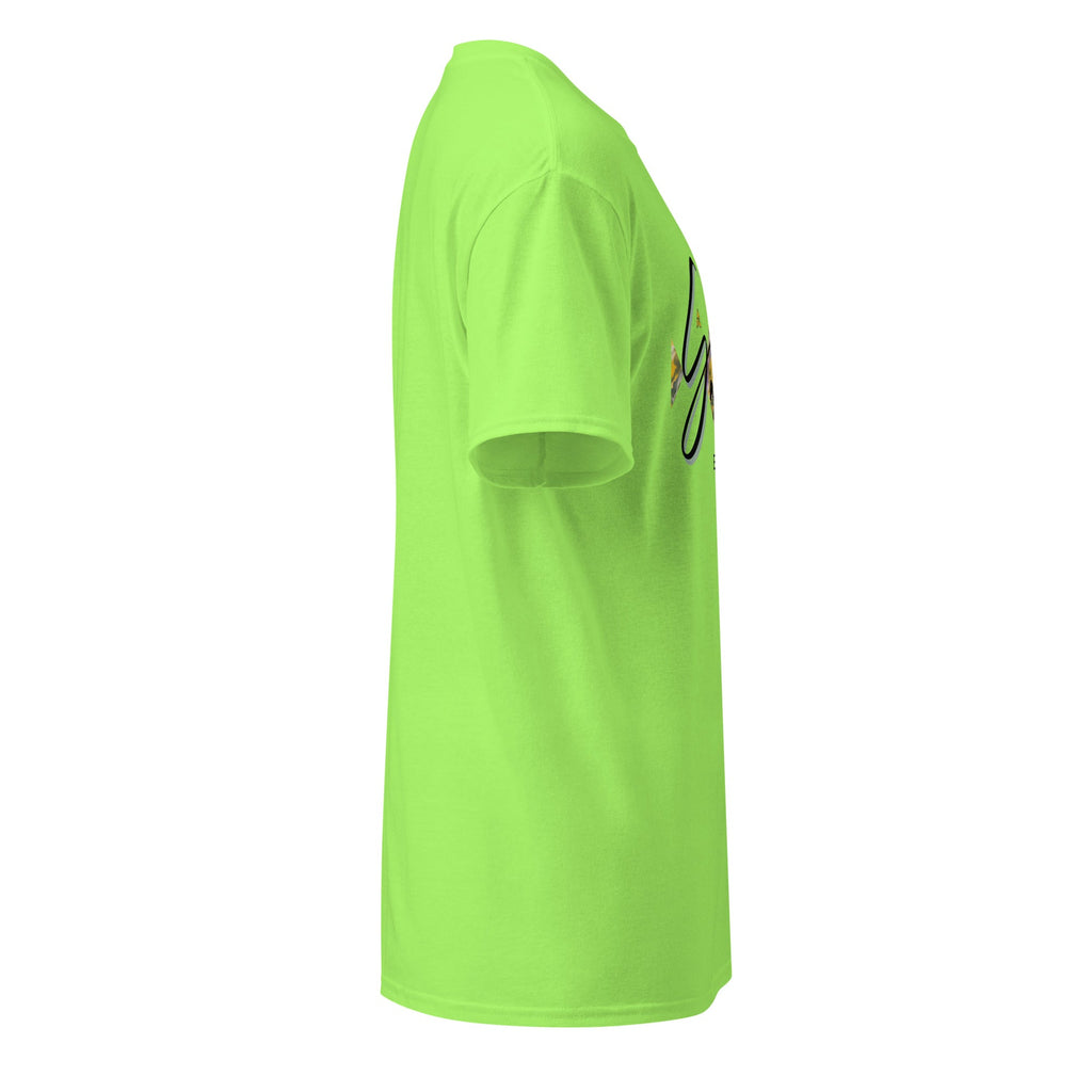 Bright green DryBlend® Graphic Performance Tee with short sleeves and modern classic fit shown from the side