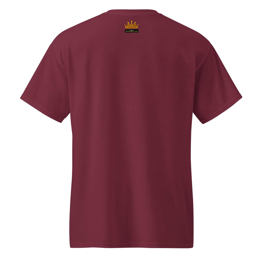 Back view of burgundy SahLess DryBlend® Performance Tee with gold crown logo near neckline