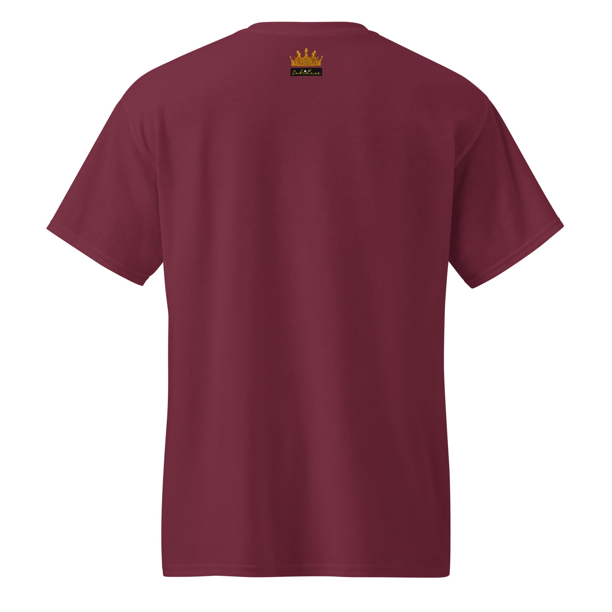 Back view of maroon DryBlend® Graphic Performance Tee with SahLess EST. 2024 logo on upper back