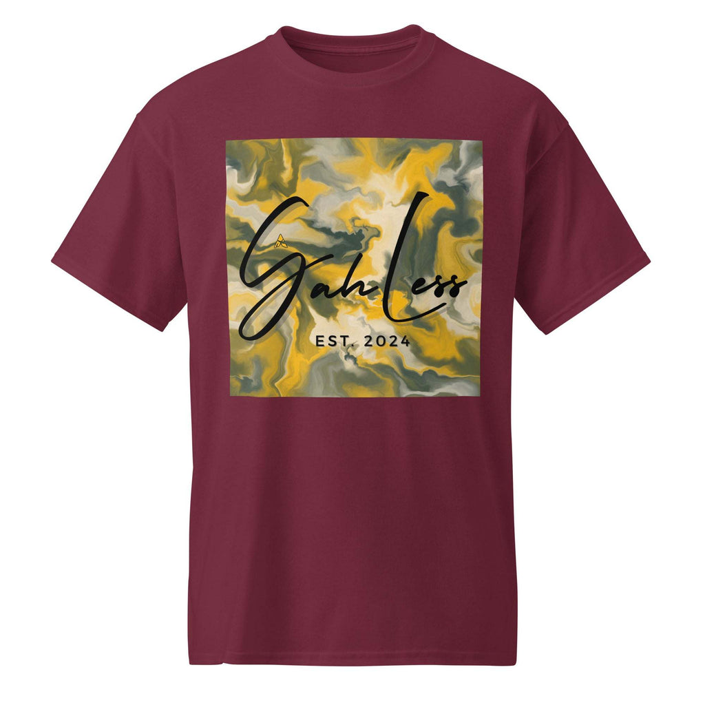Maroon SahLess DryBlend® Performance Tee with abstract yellow and gray graphic and "SahLess EST. 2024" text on front