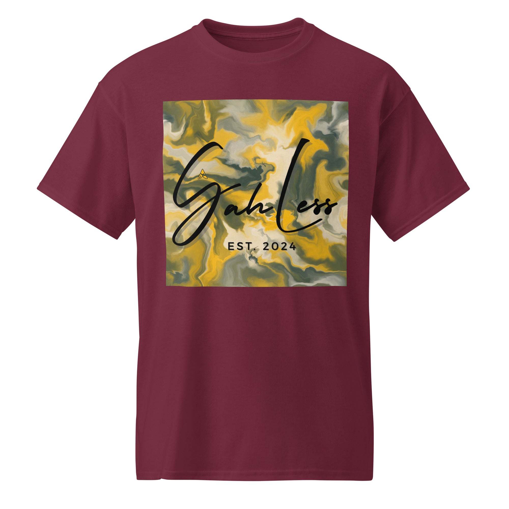 Maroon SahLess DryBlend® Performance Tee with abstract yellow and gray graphic and "SahLess EST. 2024" text on front