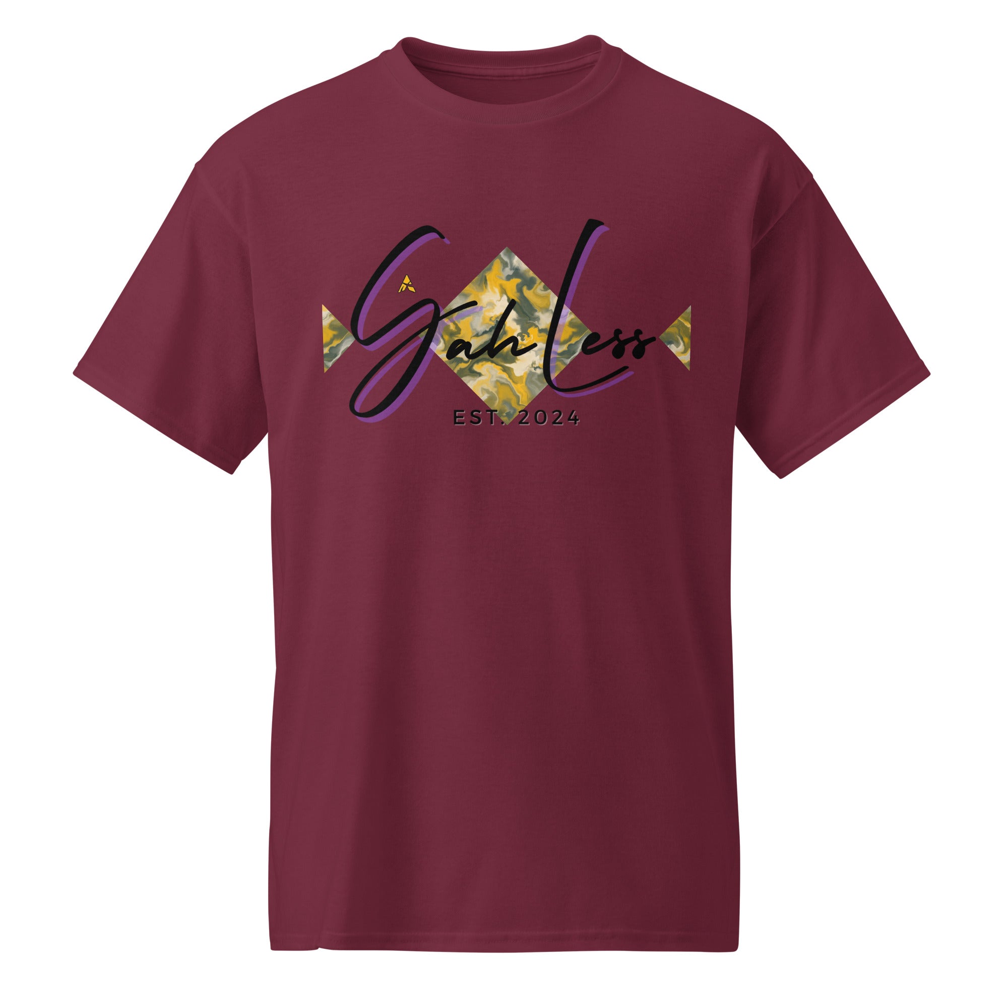 Maroon DryBlend® Graphic Performance Tee with SahLess EST. 2024 camo design, moisture-wicking cotton/poly blend, unisex fit.
