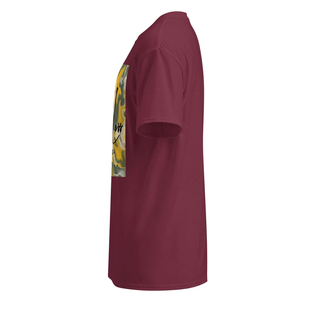 SahLess DryBlend® Performance Tee maroon unisex moisture-wicking cotton blend t-shirt side view with graphic print