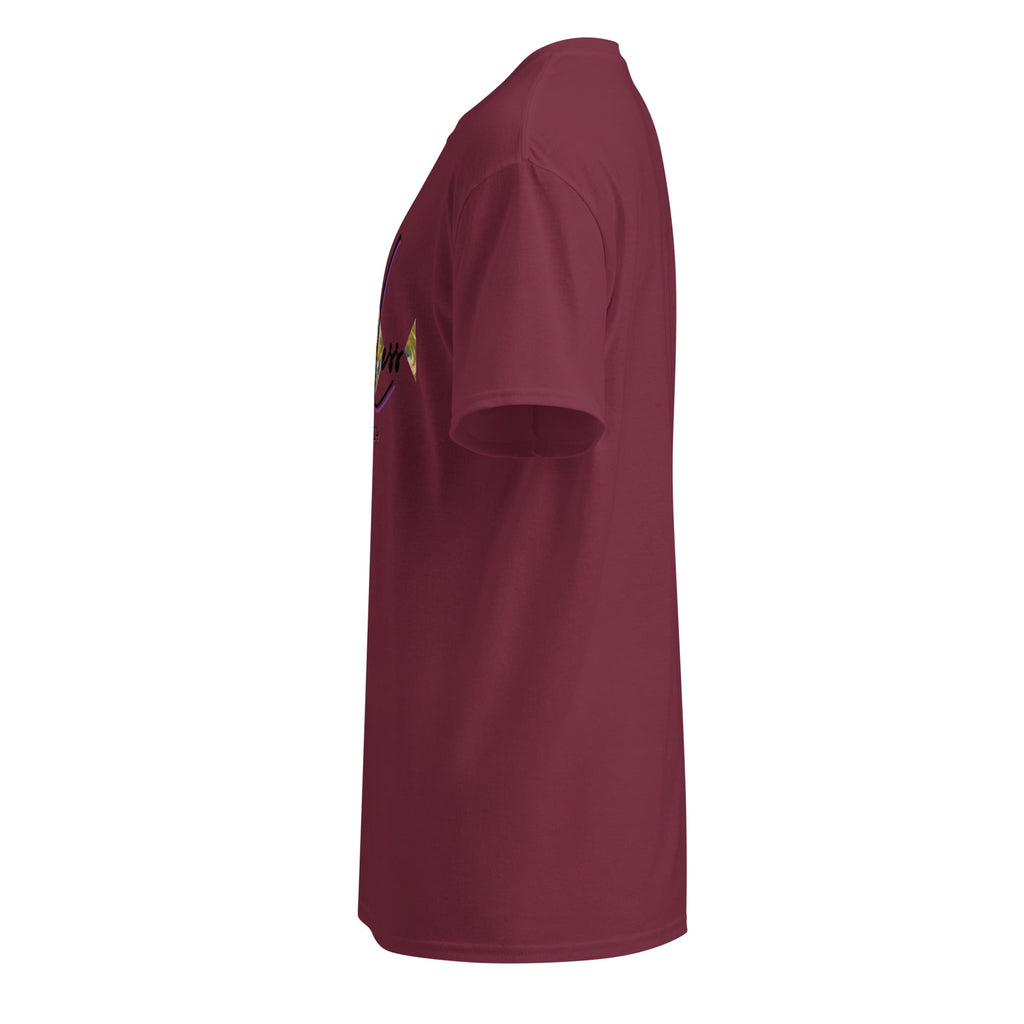 Side view of maroon DryBlend® Graphic Performance Tee with short sleeves and classic fit