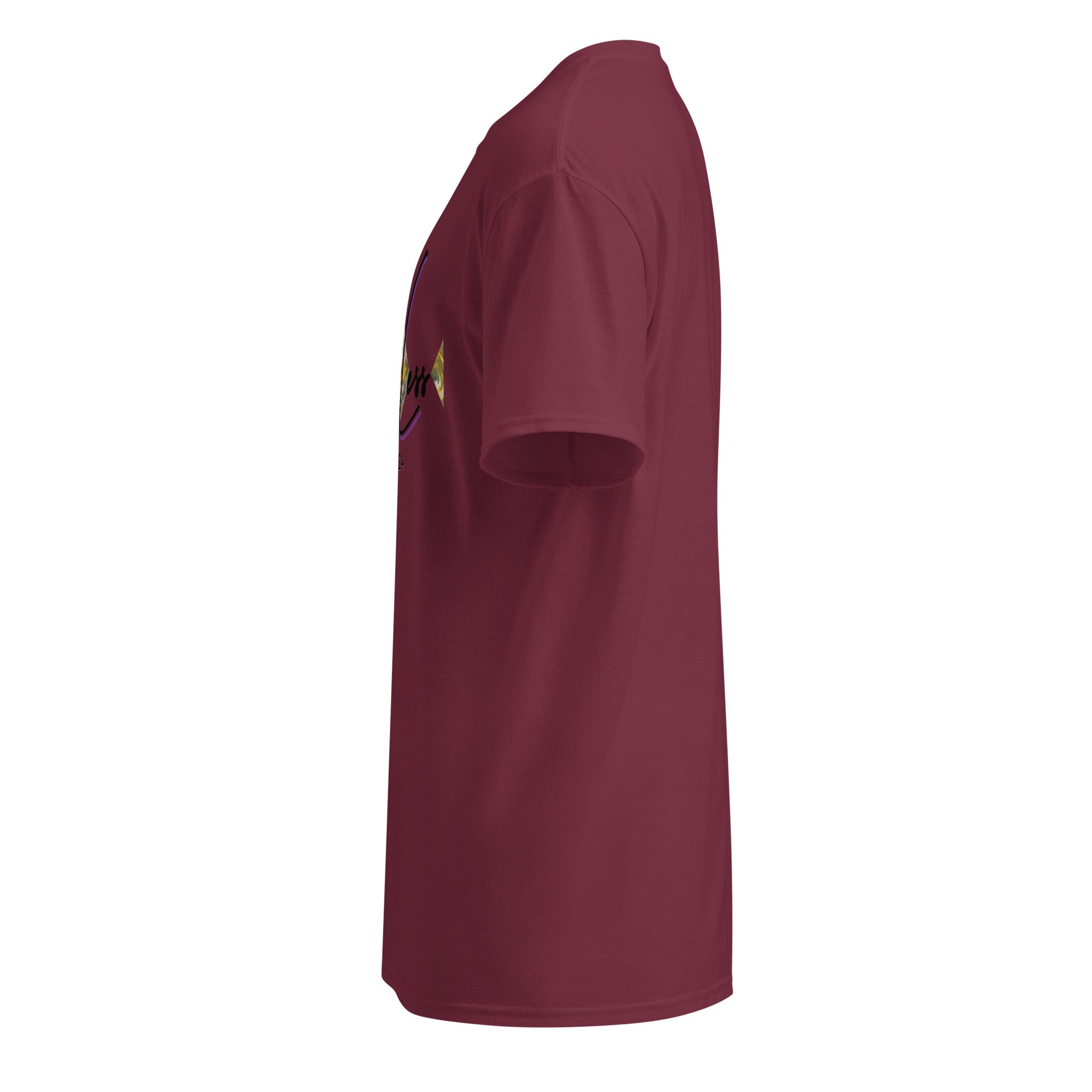 Side view of maroon DryBlend® Graphic Performance Tee with short sleeves and classic fit