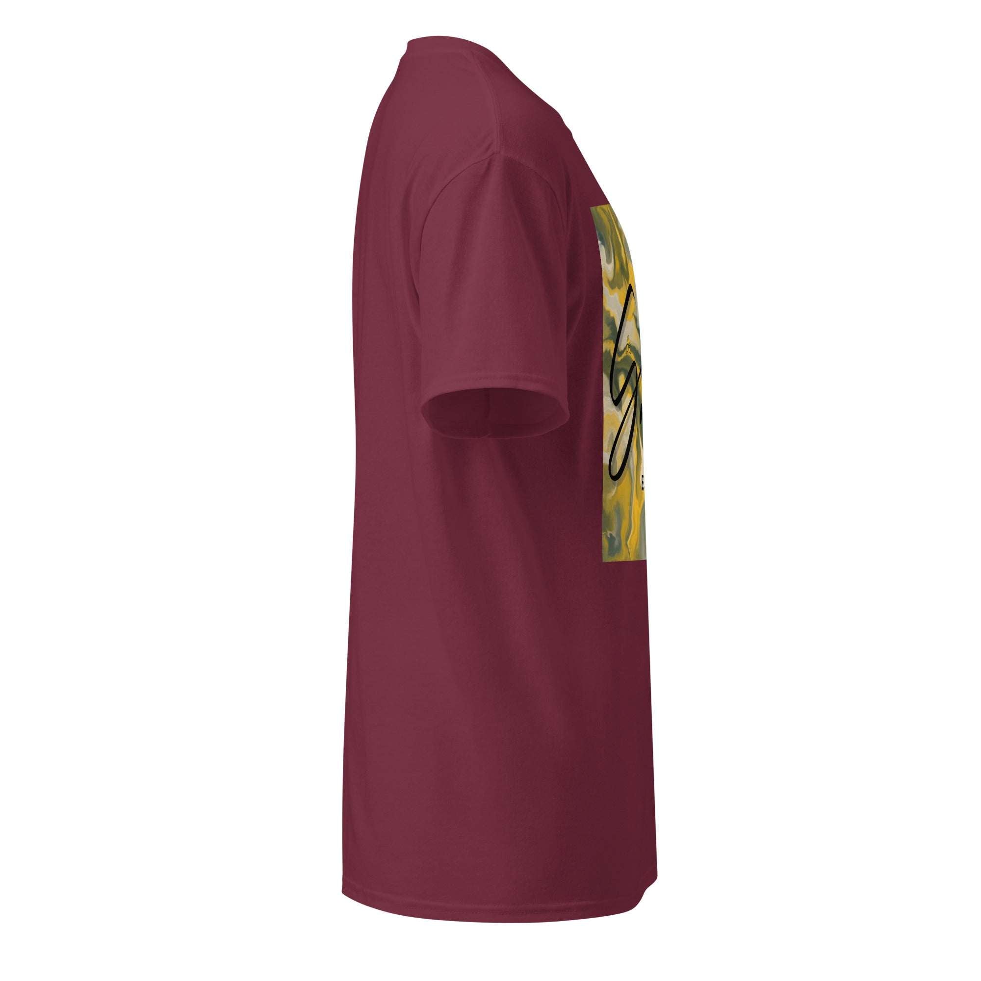 Side view of a maroon SahLess DryBlend® Performance Tee with graphic print, designed for moisture-wicking and comfort.