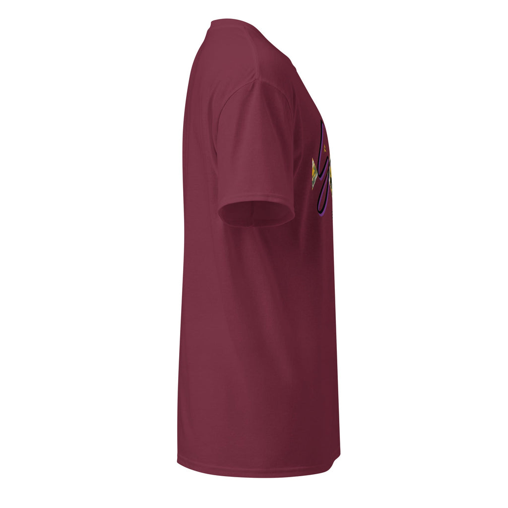 Side view of maroon DryBlend® Graphic Performance Tee with short sleeves and classic fit