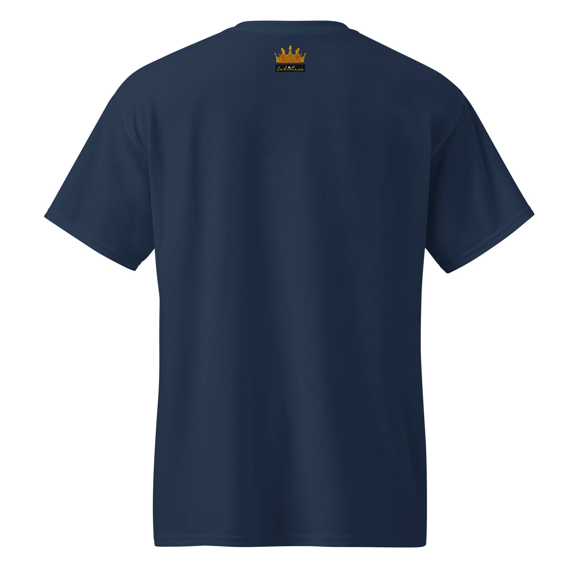 Back view of navy DryBlend® Graphic Performance Tee with small gold crown logo and SahLess EST. 2024 text at the neckline.