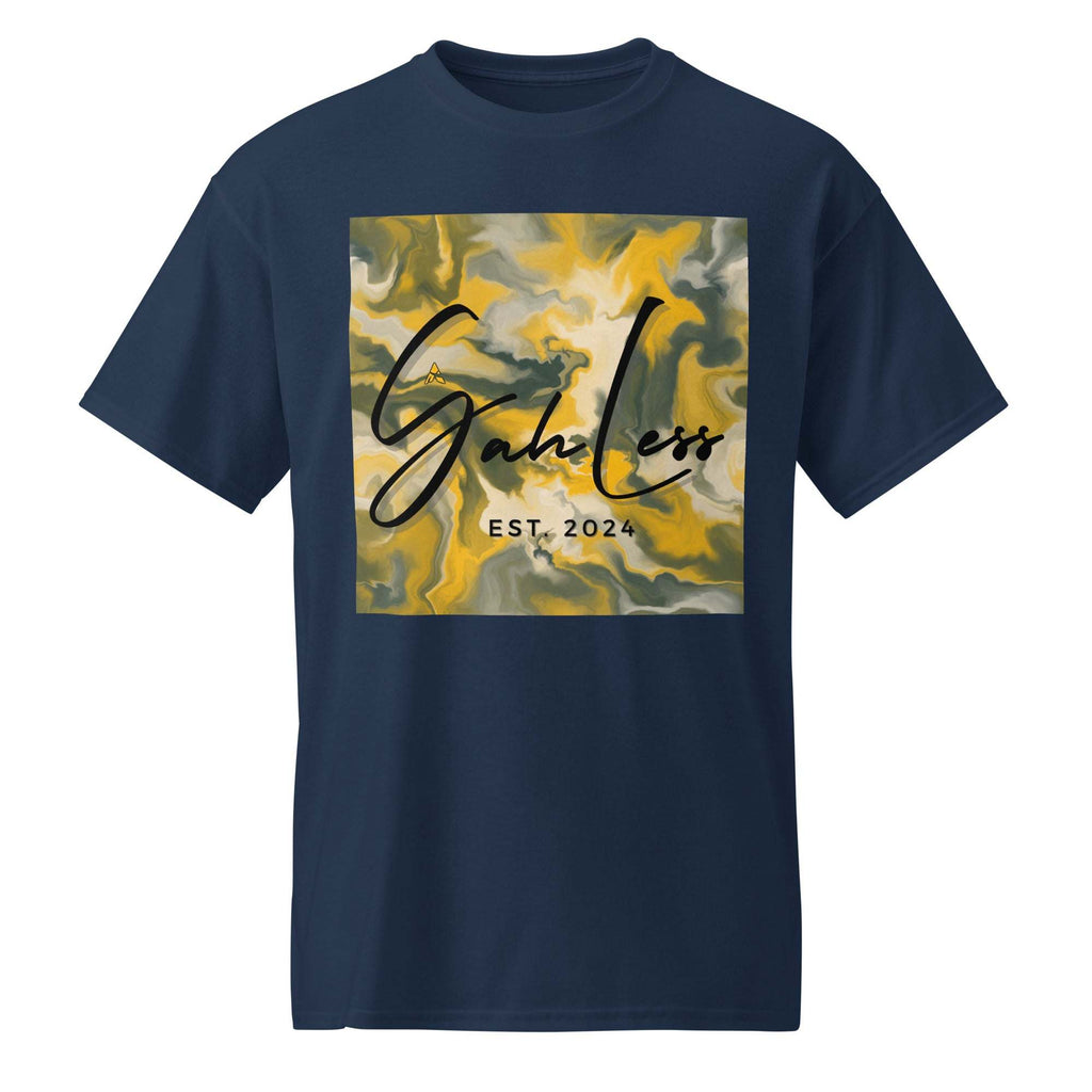 Navy SahLess DryBlend® Performance Tee with yellow and gray abstract graphic and "SahLess EST. 2024" text.