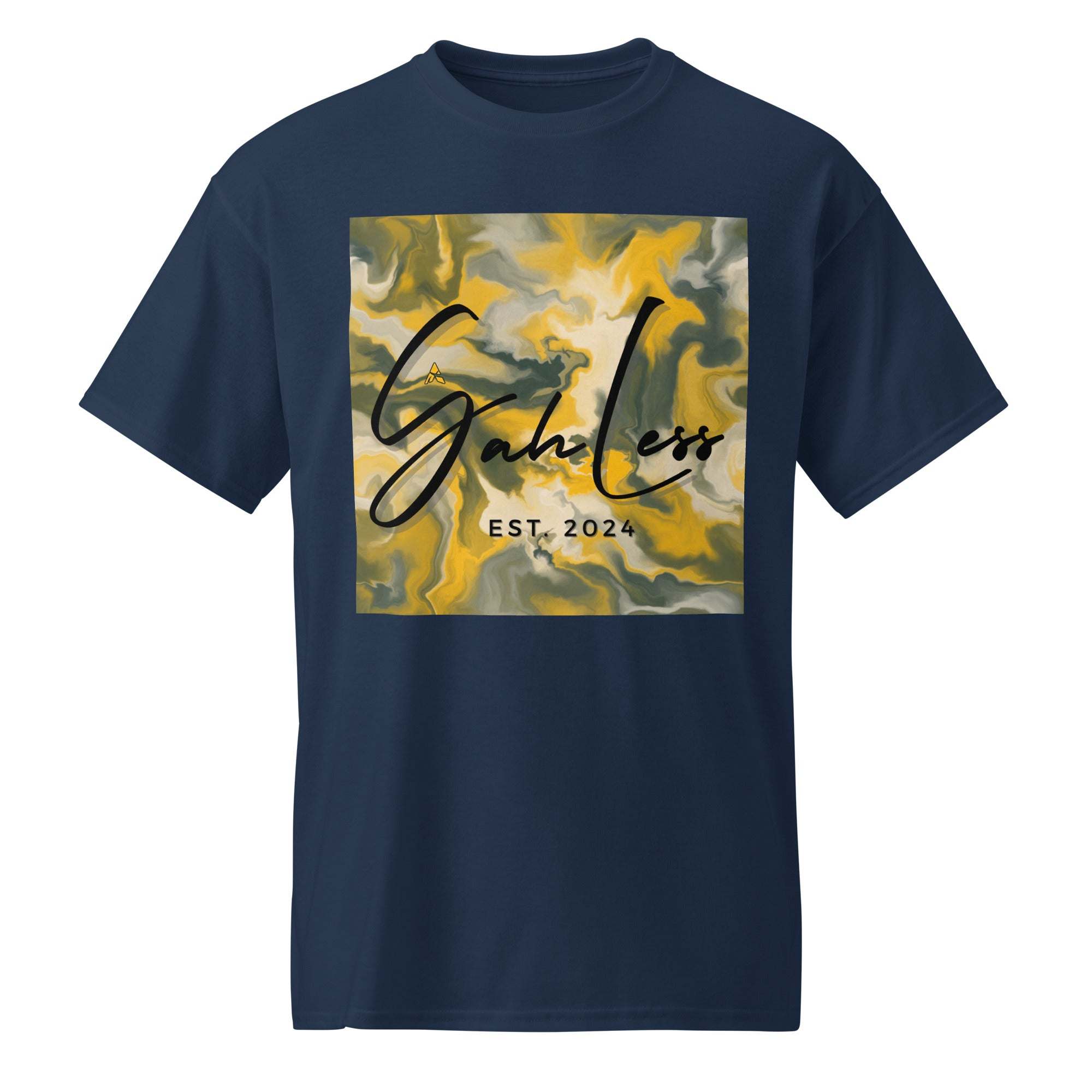 Navy SahLess DryBlend® Performance Tee with yellow and gray abstract graphic and "SahLess EST. 2024" text.
