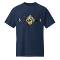 Navy DryBlend® Graphic Performance Tee with SahLess EST. 2024 logo, moisture-wicking unisex cotton-poly blend shirt