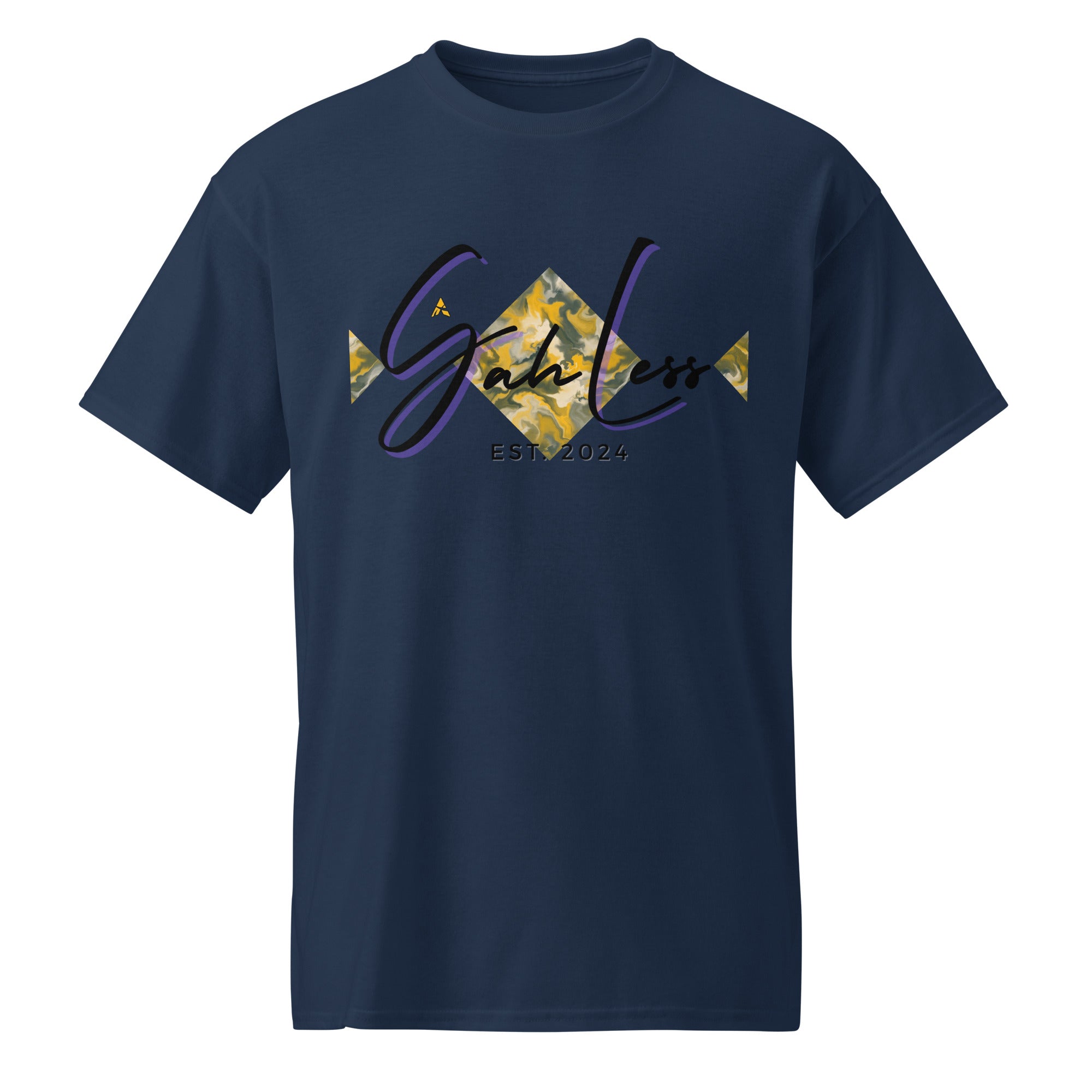 Navy DryBlend® Graphic Performance Tee with SahLess EST. 2024 logo, moisture-wicking unisex cotton-poly blend shirt