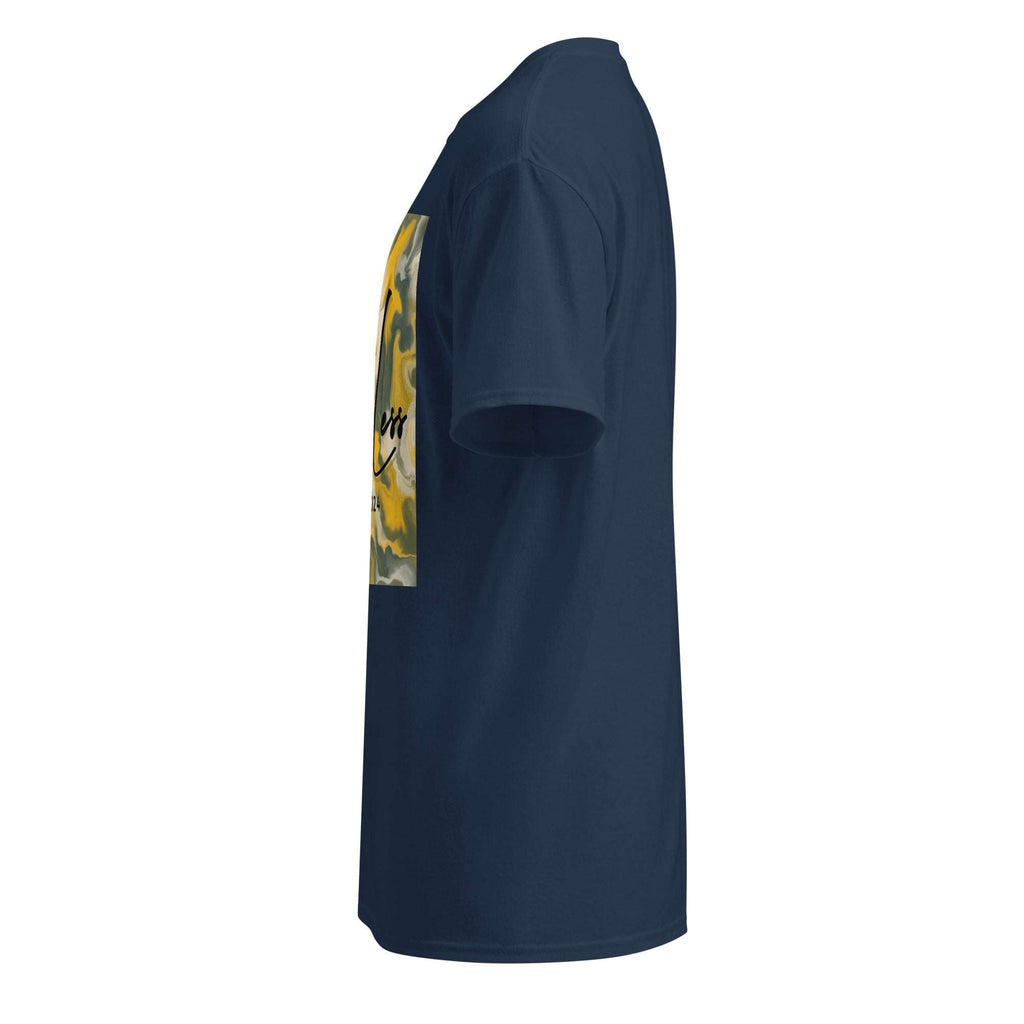 Side view of navy blue SahLess DryBlend® Performance Tee with graphic print on front