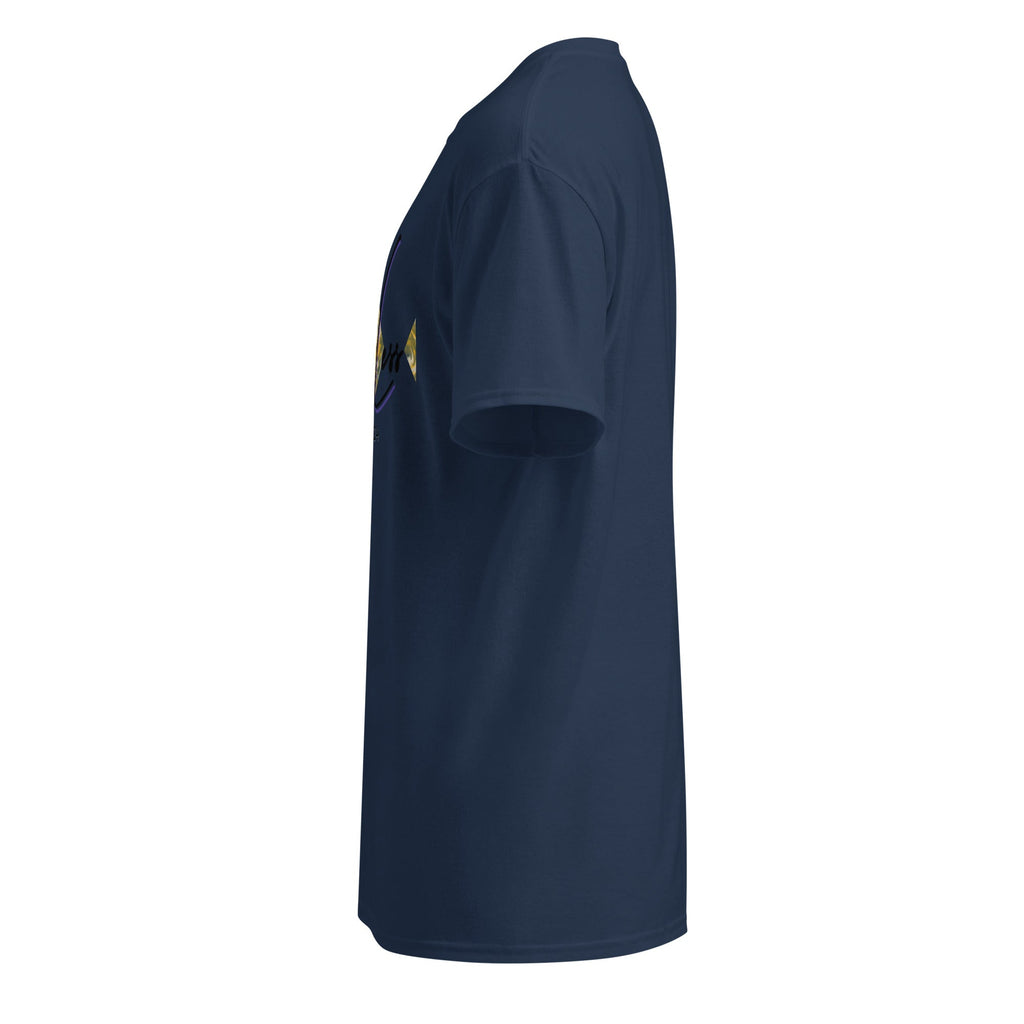 Side view of navy DryBlend® Graphic Performance Tee with SahLess EST. 2024 logo, moisture-wicking cotton/poly blend unisex t-shirt