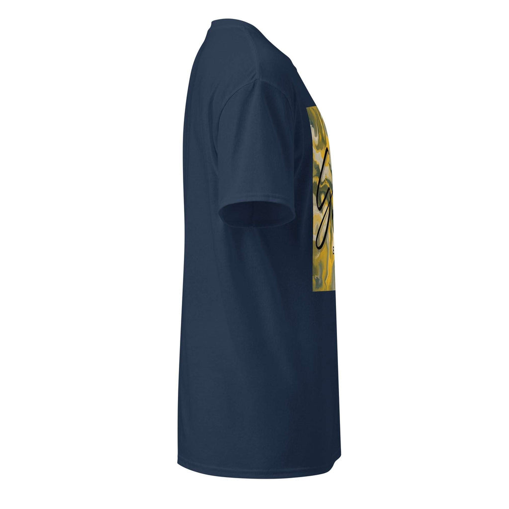 Side view of navy SahLess DryBlend® Performance Tee with graphic print on front designed for moisture-wicking and comfort