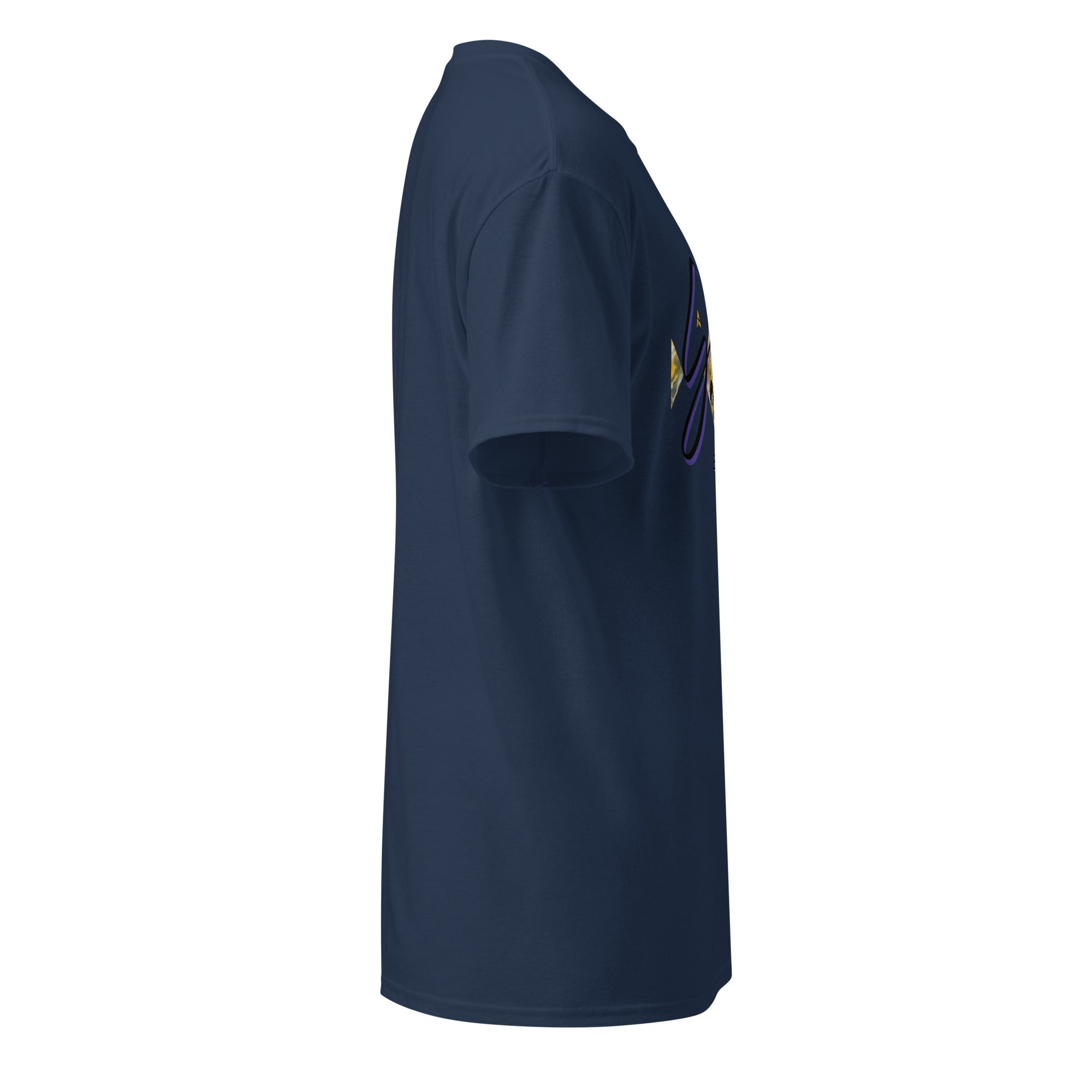 Side view of navy blue DryBlend® Graphic Performance Tee with SahLess EST. 2024 graphic, moisture-wicking cotton/poly blend, and modern classic fit.