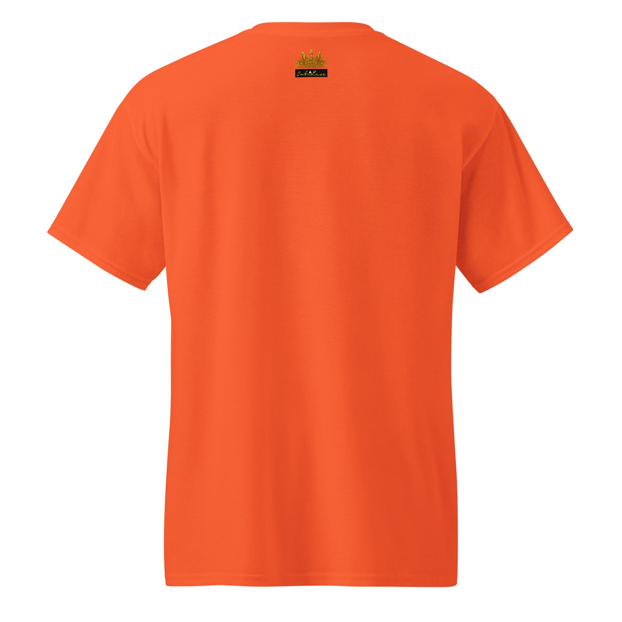 Orange SahLess DryBlend® Performance Tee with minimalist back logo, moisture-wicking cotton/poly blend, unisex fit, designed for comfort and durability.