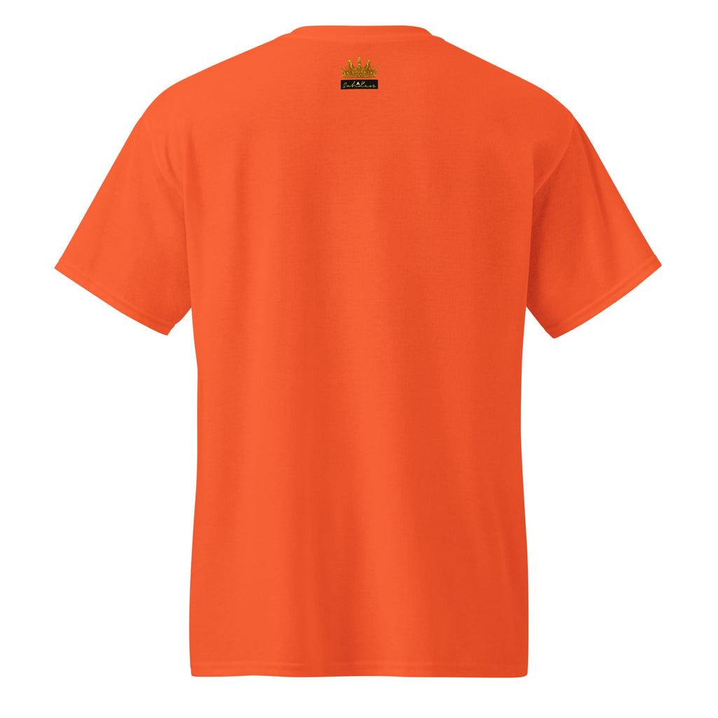 Orange DryBlend® Graphic Performance Tee with SahLess EST. 2024 logo on the back collar, moisture-wicking cotton/poly blend, modern classic fit.