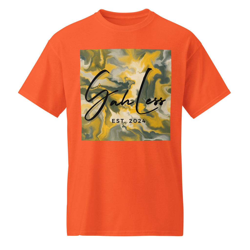 Orange SahLess DryBlend® Performance Tee with abstract yellow and gray graphic and SahLess EST. 2024 text