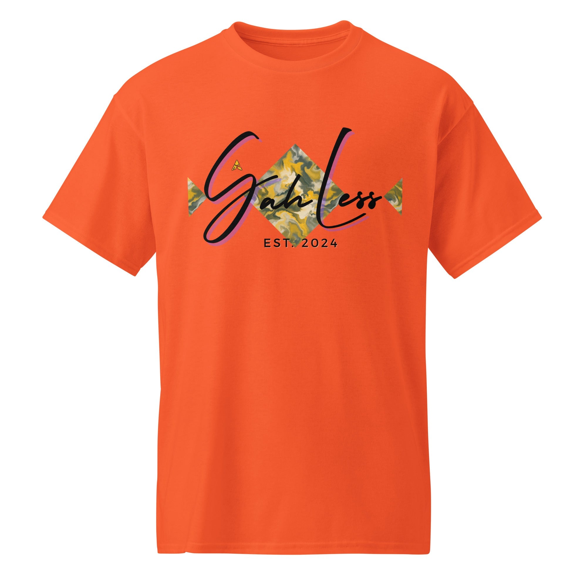 Orange DryBlend® Graphic Performance Tee with SahLess EST. 2024 logo and moisture-wicking fabric.