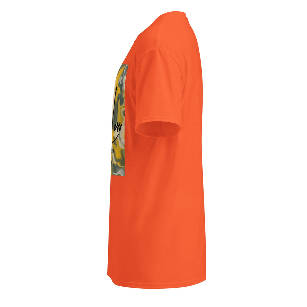 Side view of an orange SahLess DryBlend® Graphic Performance Tee with a minimalist graphic print on the front, designed for moisture-wicking and comfort.