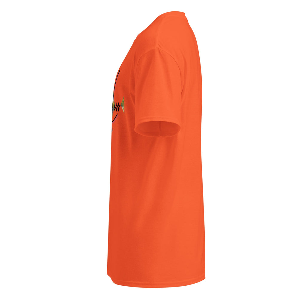 Orange DryBlend® Graphic Performance Tee with short sleeves and printed front logo, side view