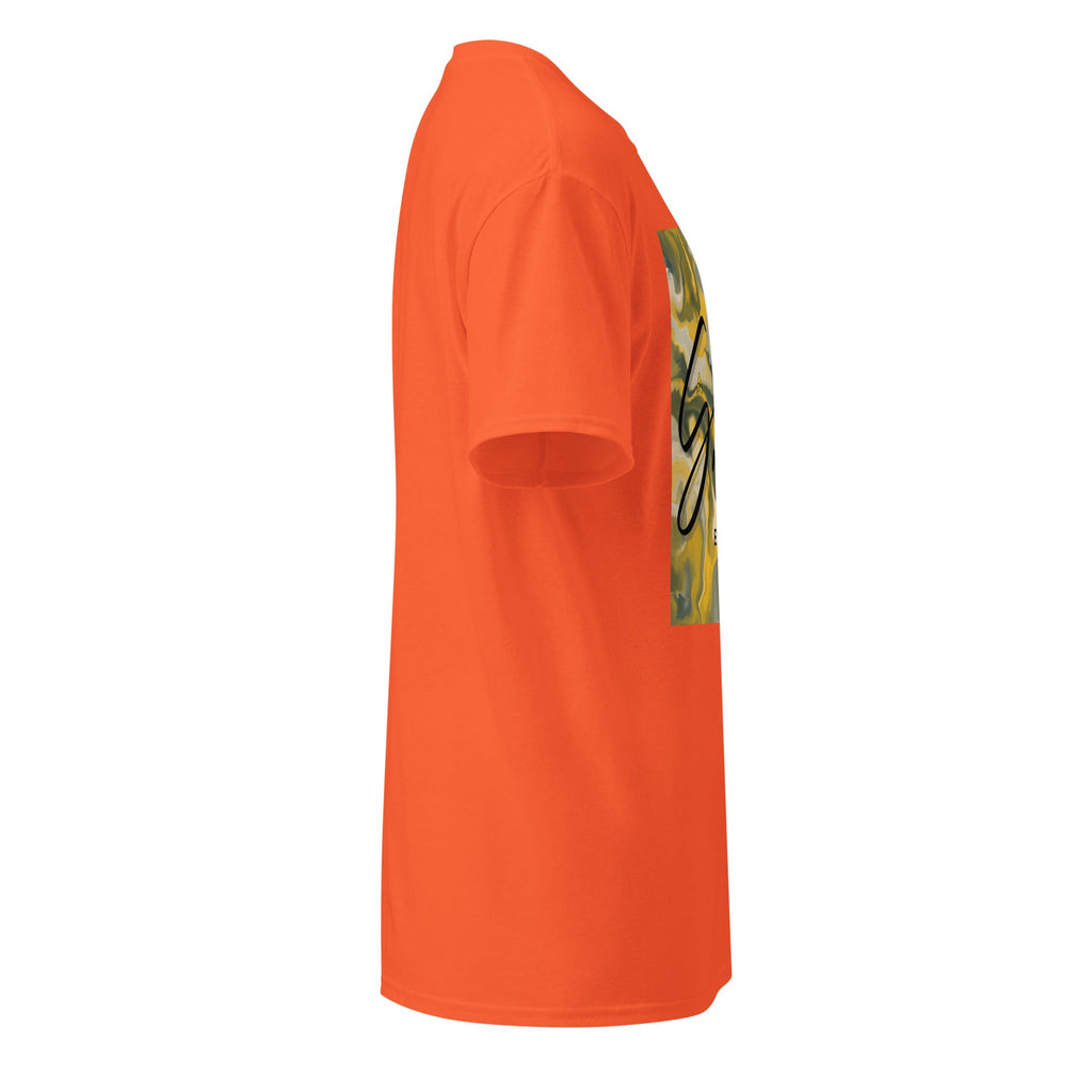 Side view of orange SahLess DryBlend® Performance Tee with graphic print on front