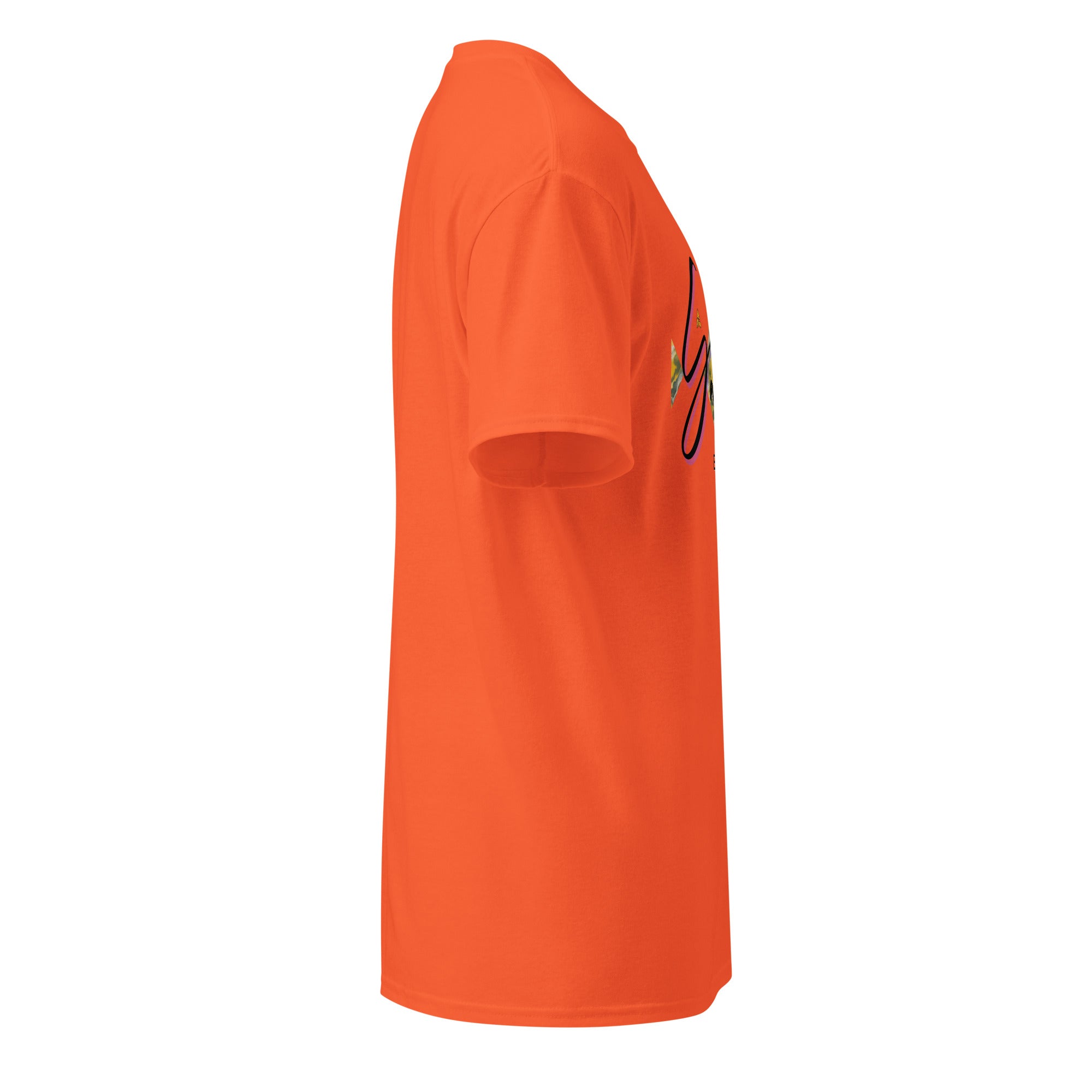 Side view of orange DryBlend® Graphic Performance Tee with short sleeves and ribbed collar
