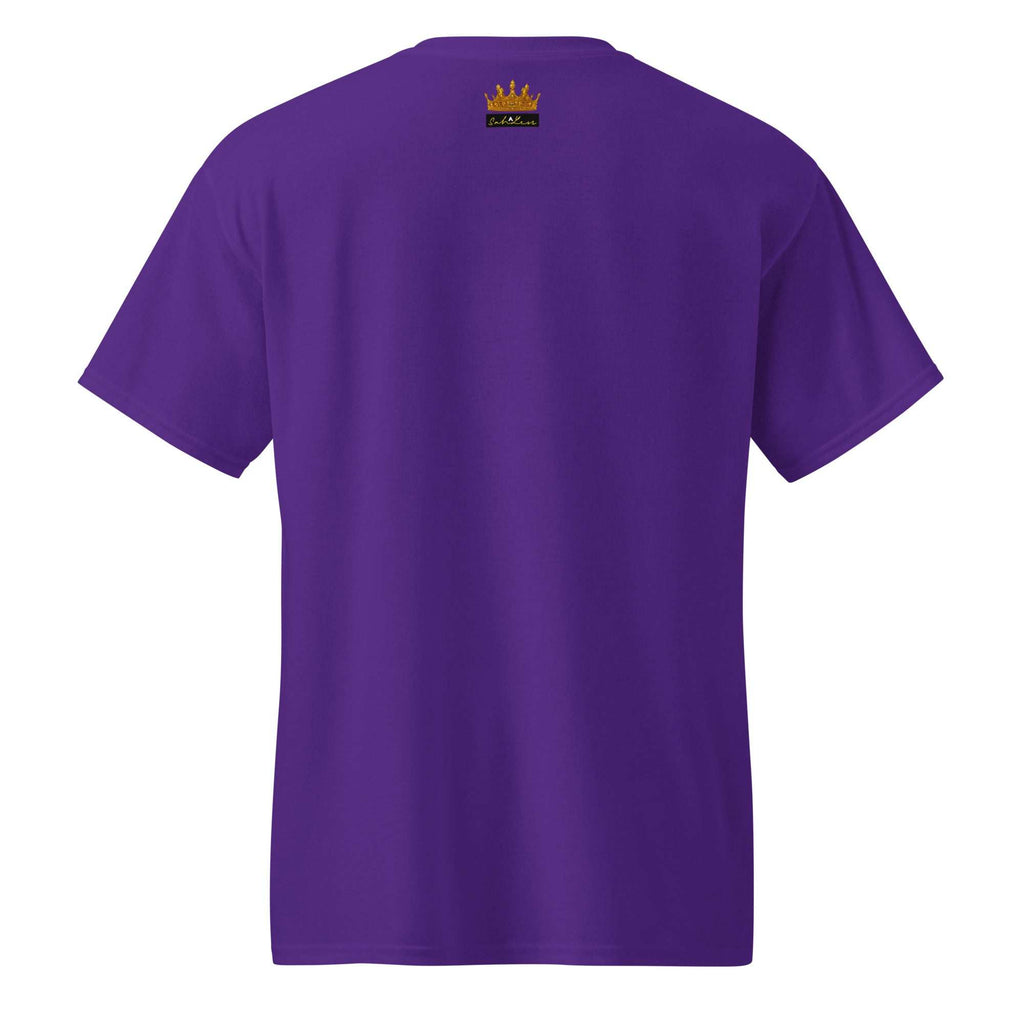 Back view of purple SahLess DryBlend® Performance Tee with small gold crown logo near collar
