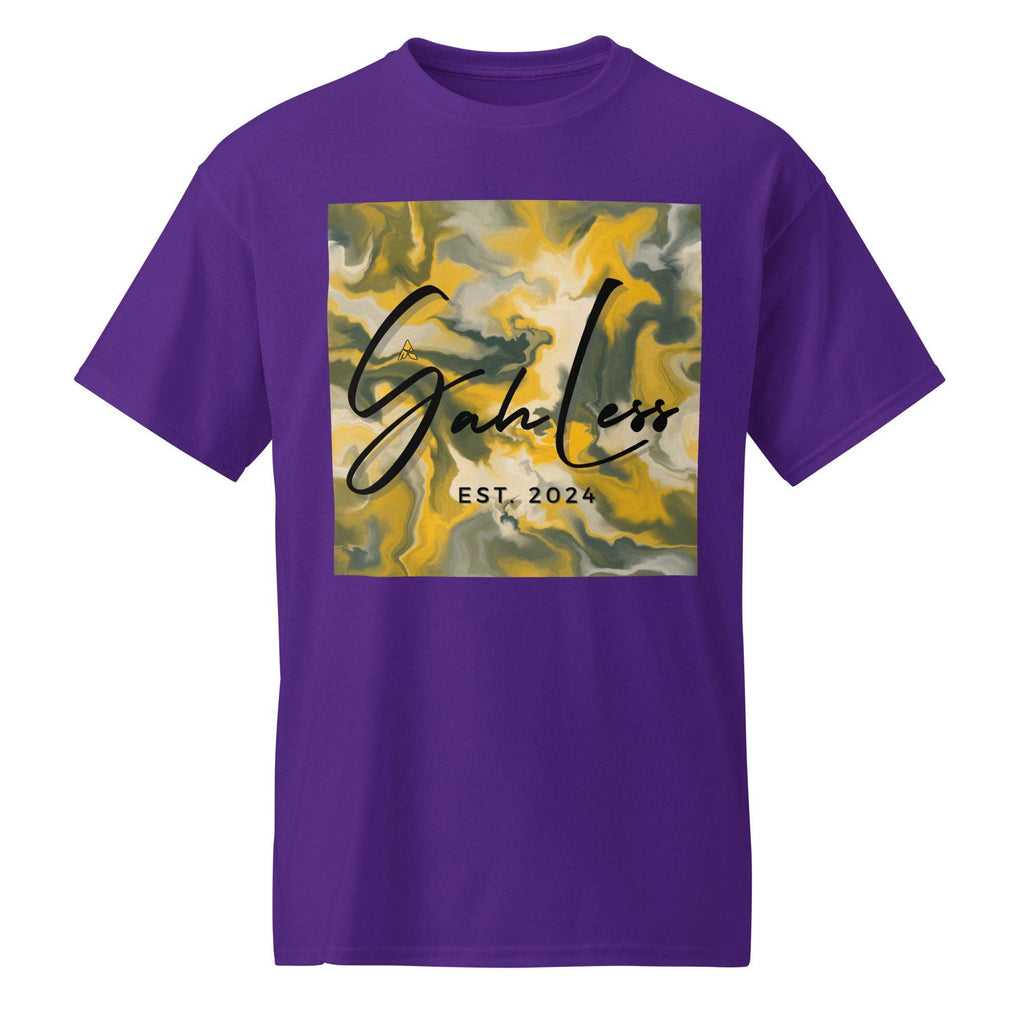 Purple SahLess DryBlend® Performance Tee with abstract yellow and gray graphic and SahLess EST. 2024 text on front