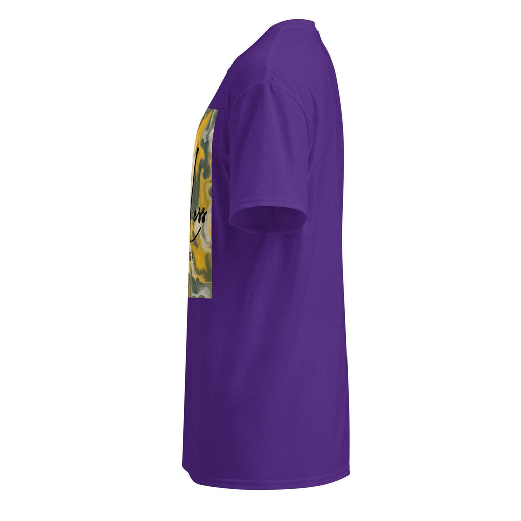 Purple SahLess DryBlend® Performance Tee with graphic print, moisture-wicking cotton/poly blend, and modern classic fit.