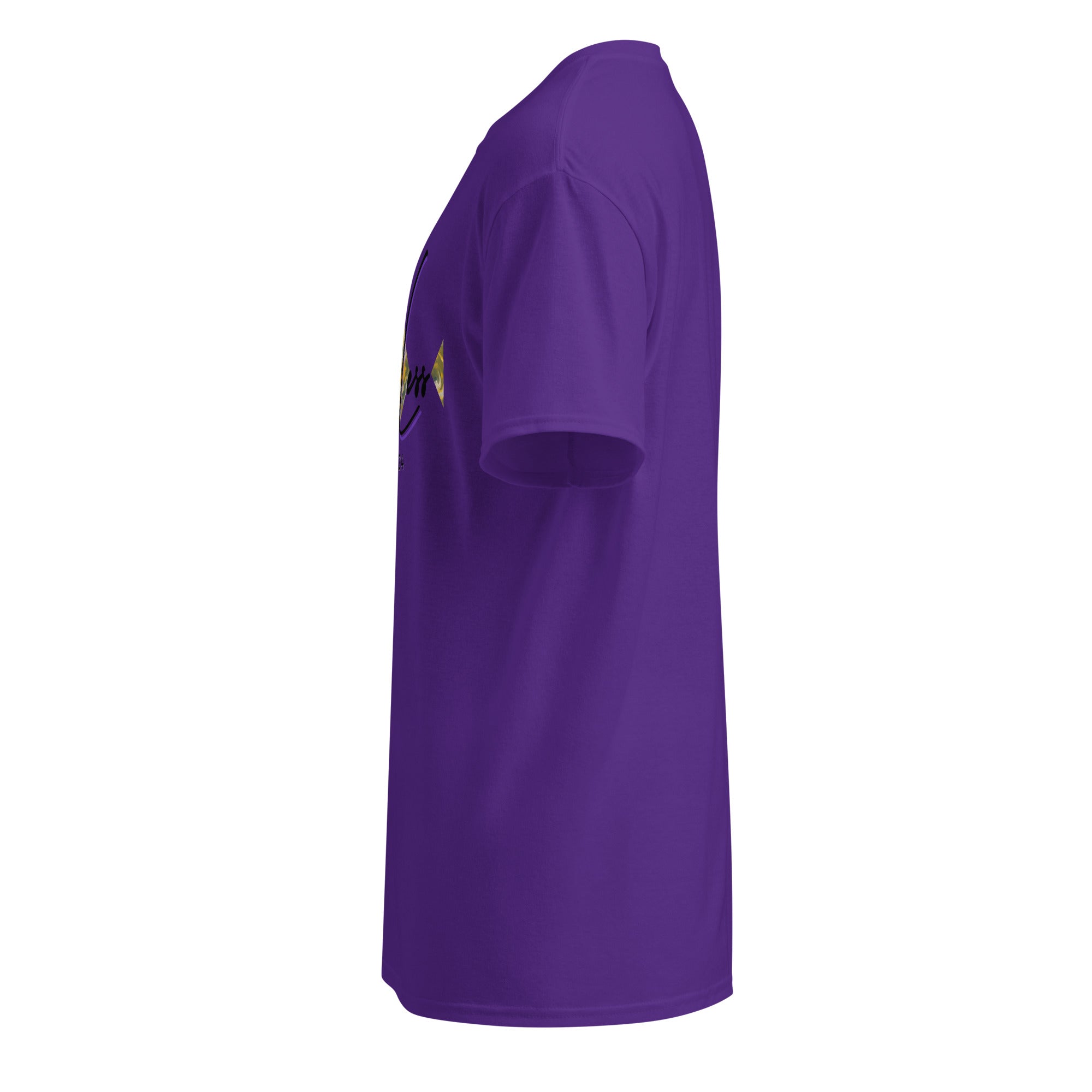 Side view of purple DryBlend® Graphic Performance Tee with SahLess EST. 2024 logo, moisture-wicking fabric, unisex fit.