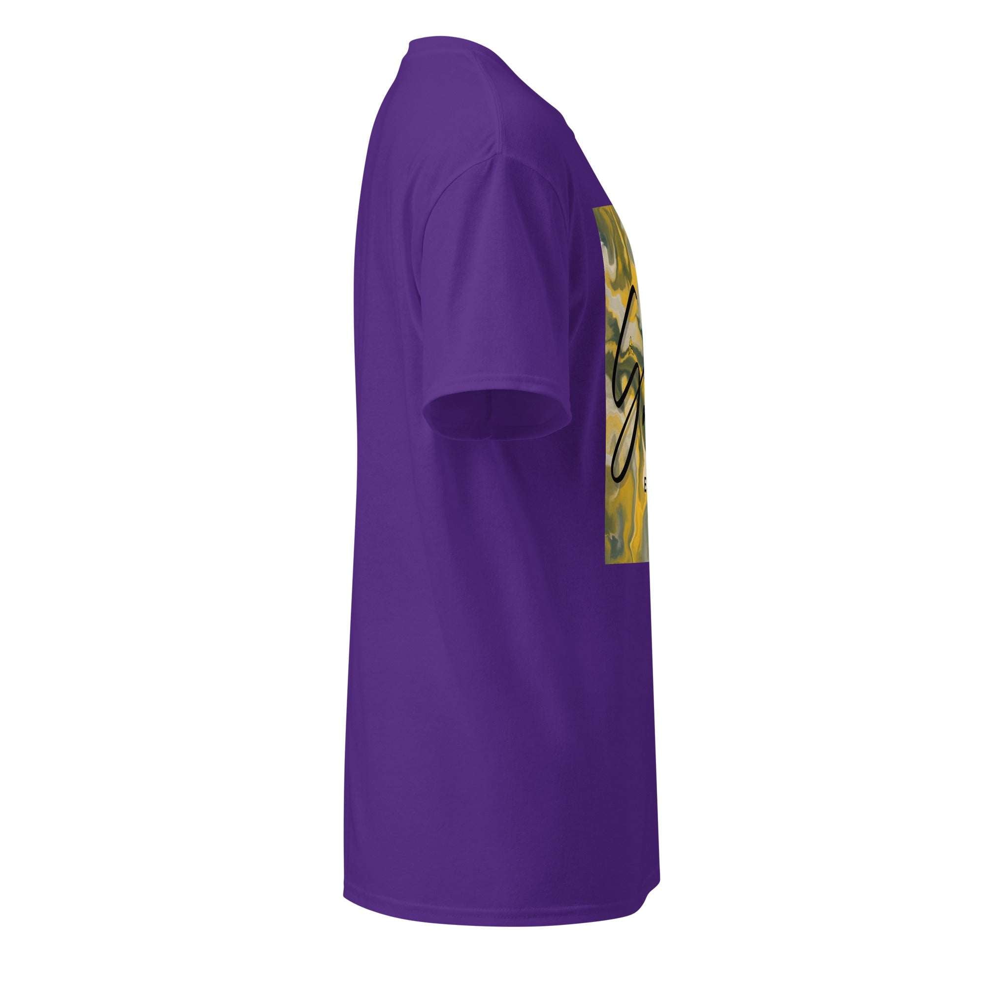 Side view of purple SahLess DryBlend® Performance Tee with graphic print on front, made of moisture-wicking cotton-poly blend fabric.