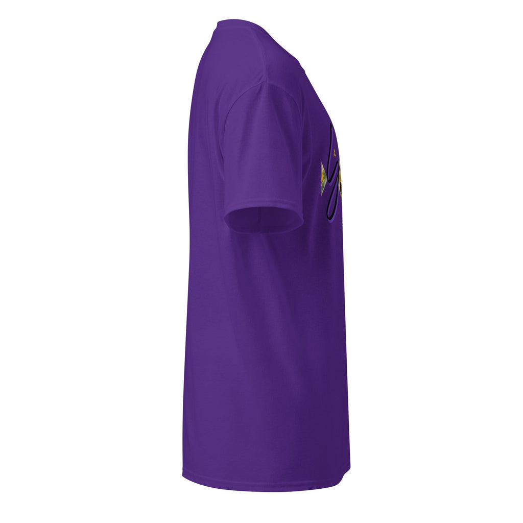 Purple DryBlend® Graphic Performance Tee side view with moisture-wicking fabric and classic fit