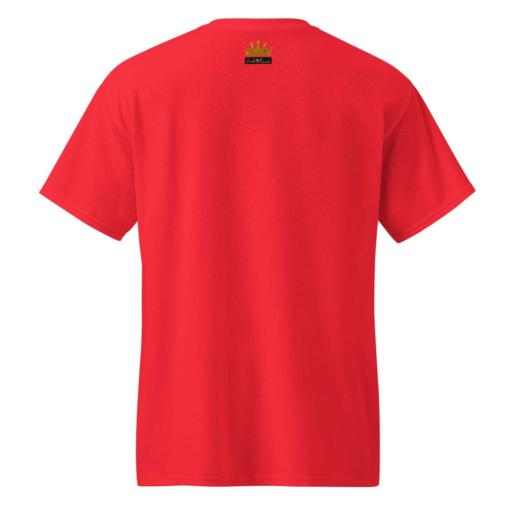 Red SahLess DryBlend® Performance Tee with small logo near the neckline on back, moisture-wicking cotton-poly blend fabric.
